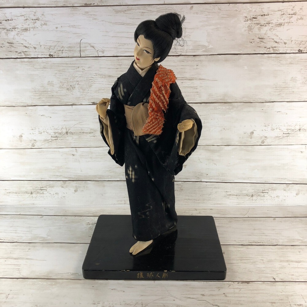 Vintage Japanese Ryukyu Geisha Doll Black Kimono Fabric Figurine Lacquer Base